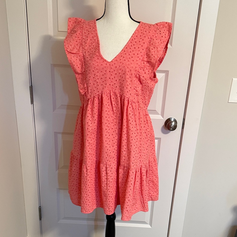 Time and Tru| Coral Colored Eyelet Ruffle Sleeve Dress